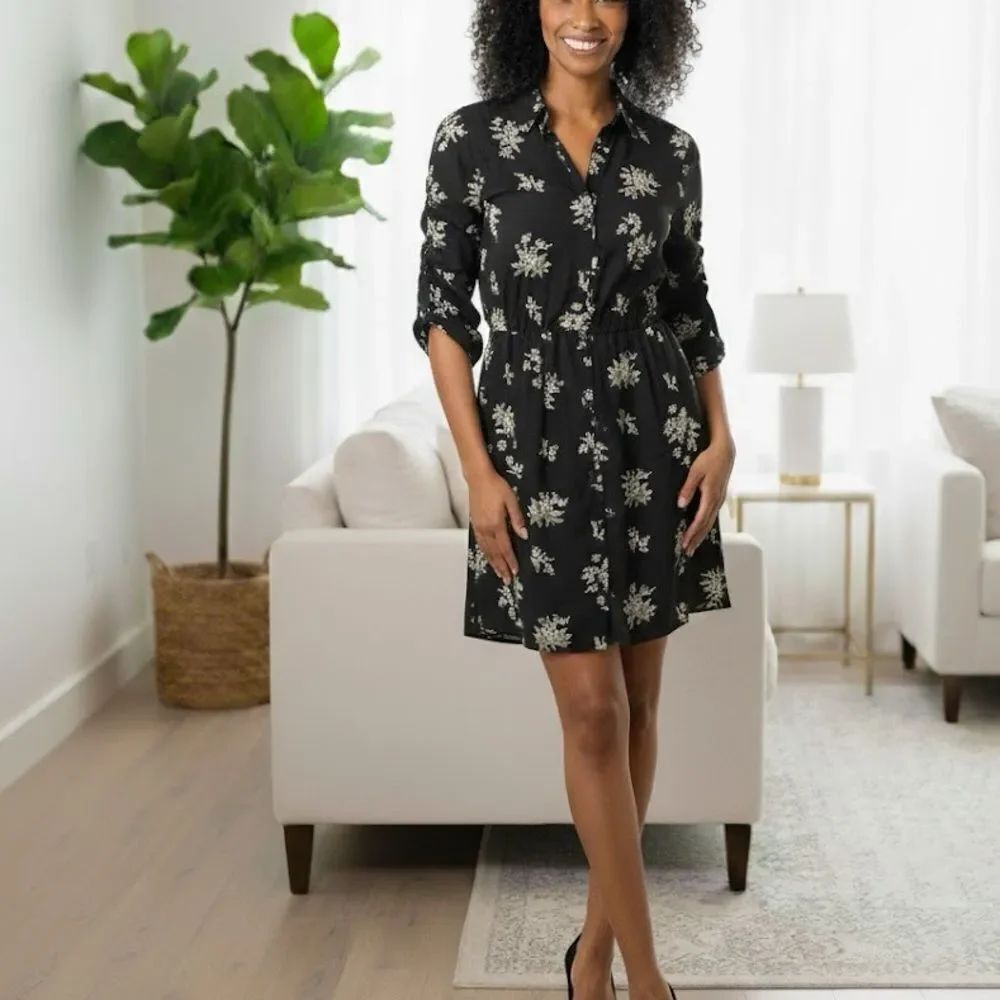 Free People Floral Black Cinched Sleeve Collared Dress Size S